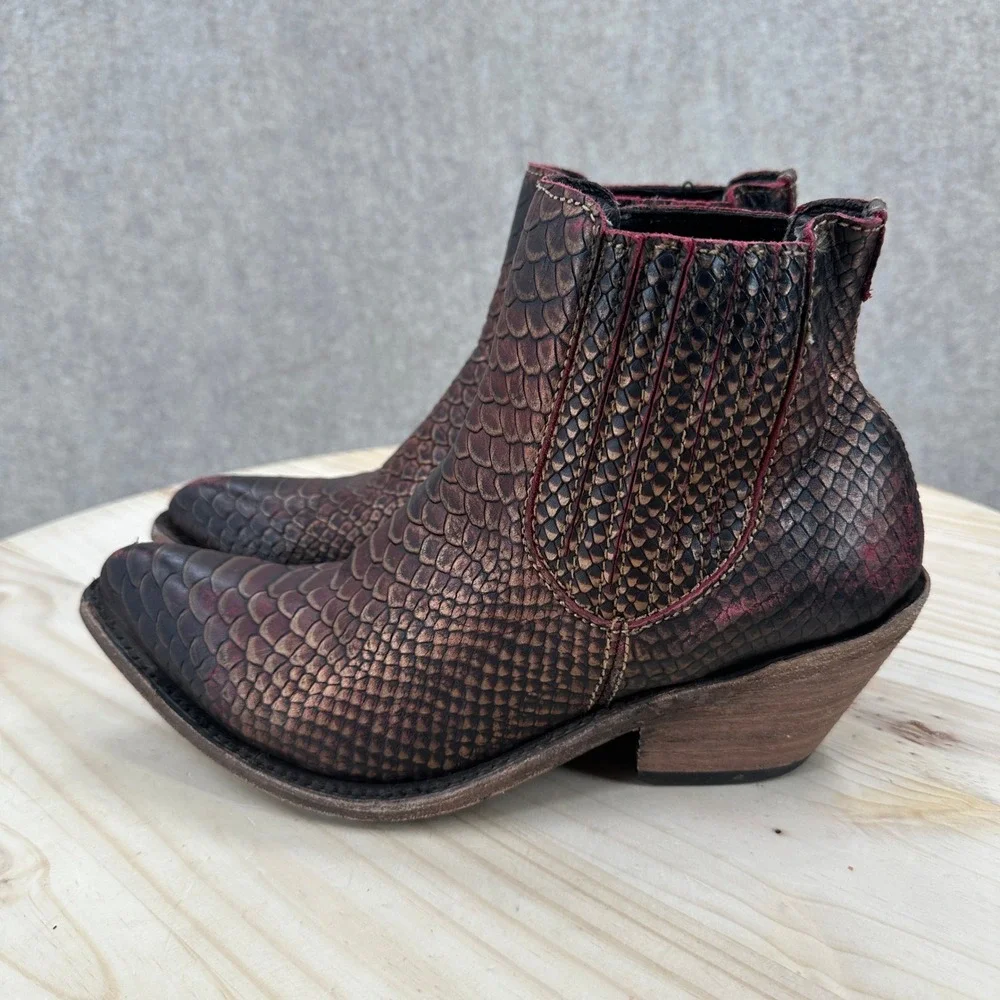 Snakeskin Embossed Ankle Boots Womens 9 Copper Leather Western Point Toe